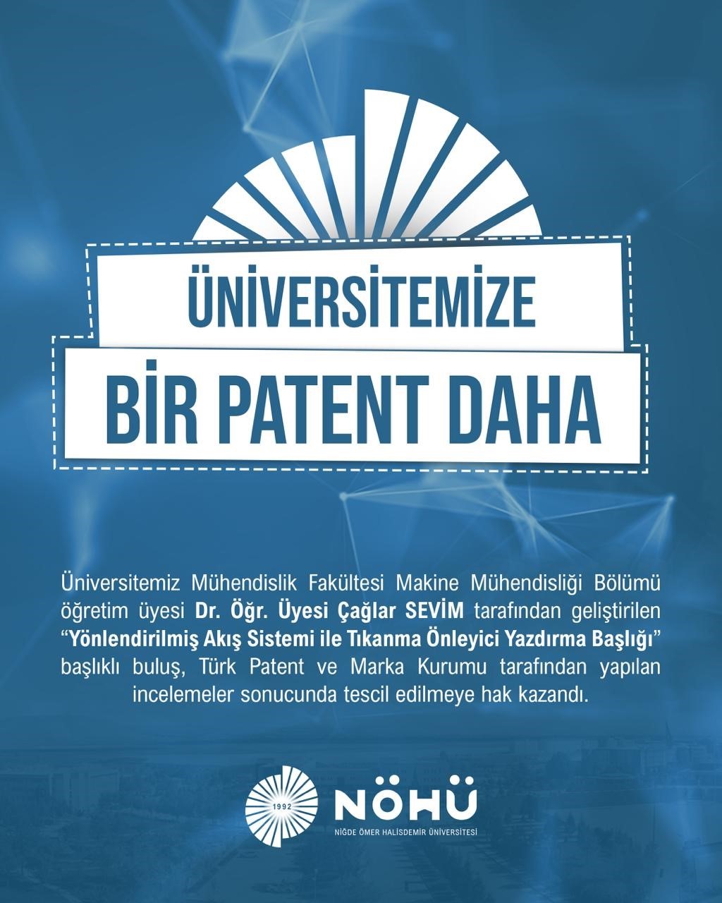 Niğde Ömer Halisdemir Üniversitesi bir patent daha aldı
