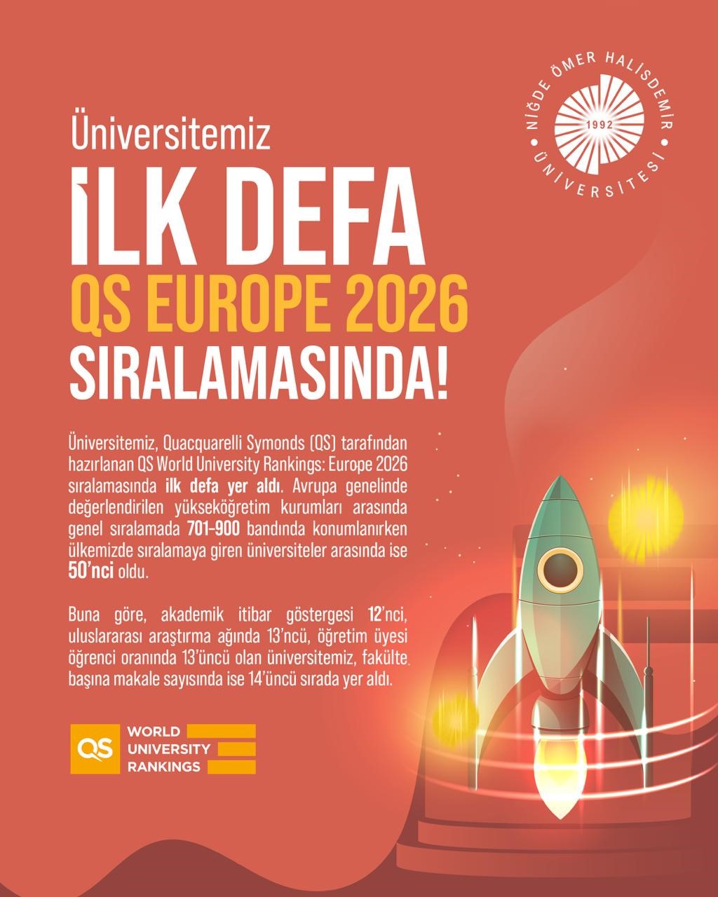 Niğde Ömer Halisdemir Üniversitesi QS Europe 2026 sıralamasına ilk kez girdi
