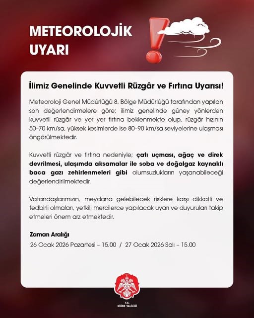 Niğde Valiliği uyardı: Kuvvetli rüzgar ve fırtına bekleniyor
