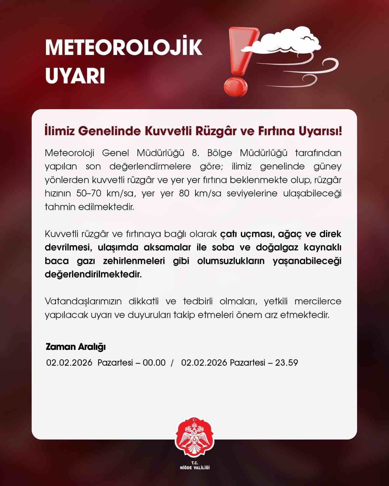 Niğde Valiliği’nden kuvvetli rüzgar uyarısı
