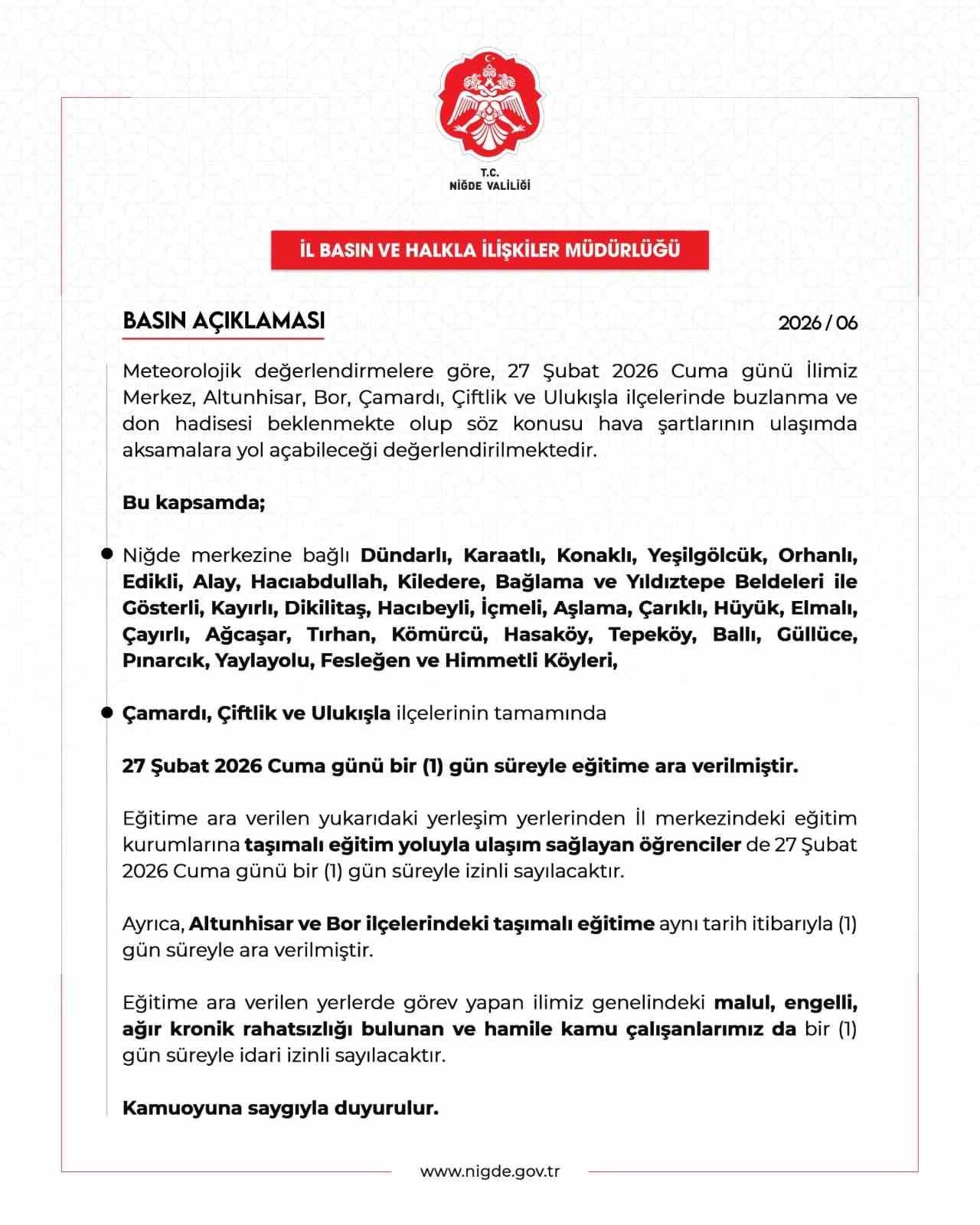 Niğde’de bazı okullarda eğitime ara verildi
Niğde’de bazı okullarda eğitime ara verildi