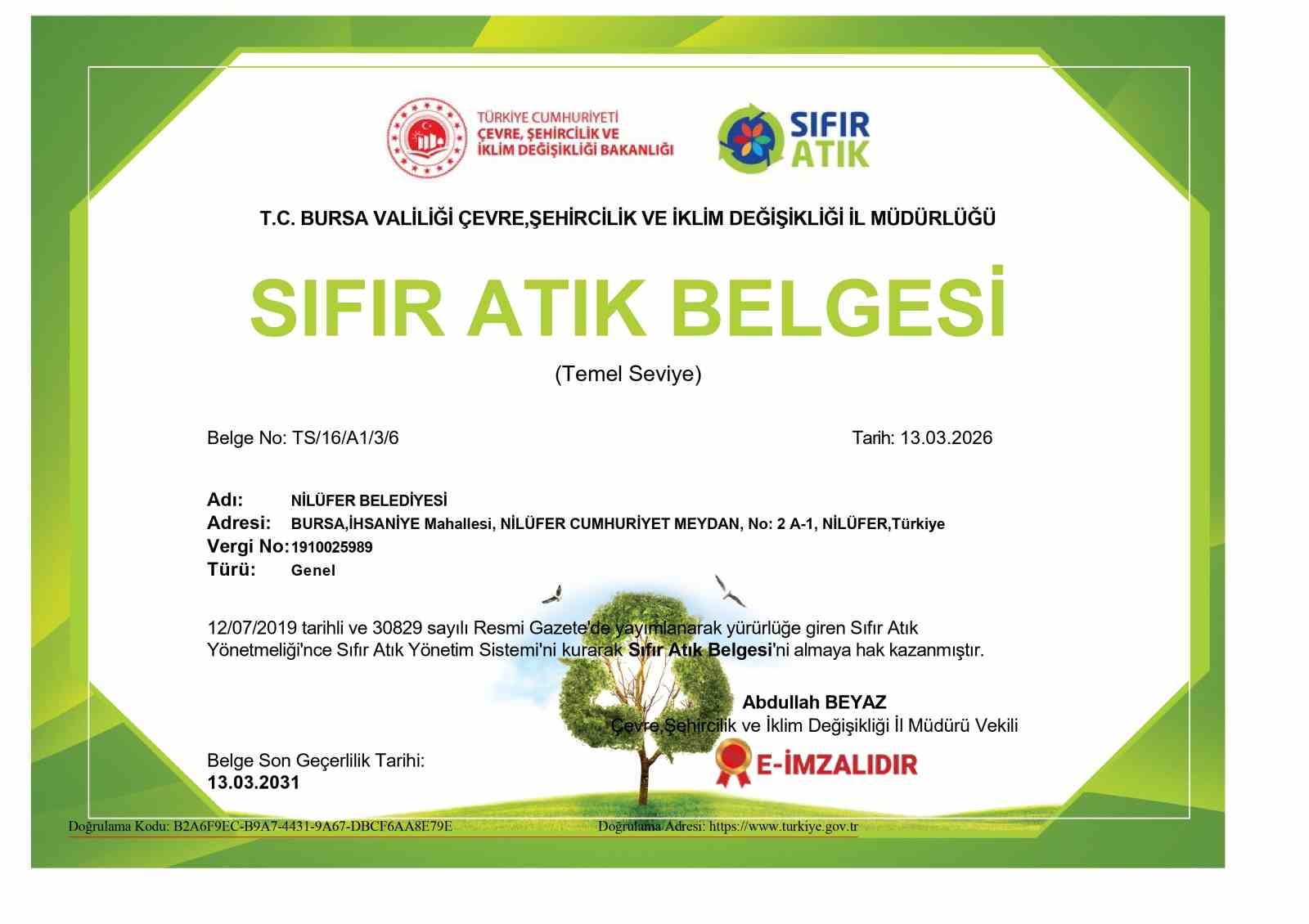 Nilüfer Belediyesi ’Sıfır Atık Belgesi’ni yeniledi
