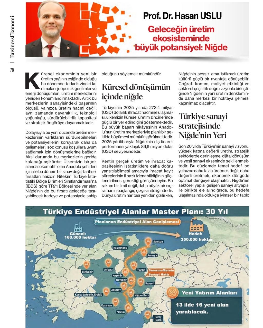 NÖHÜ Rektörü Hasan Uslu’dan Niğde’nin üretim potansiyeline dikkat çeken makale
