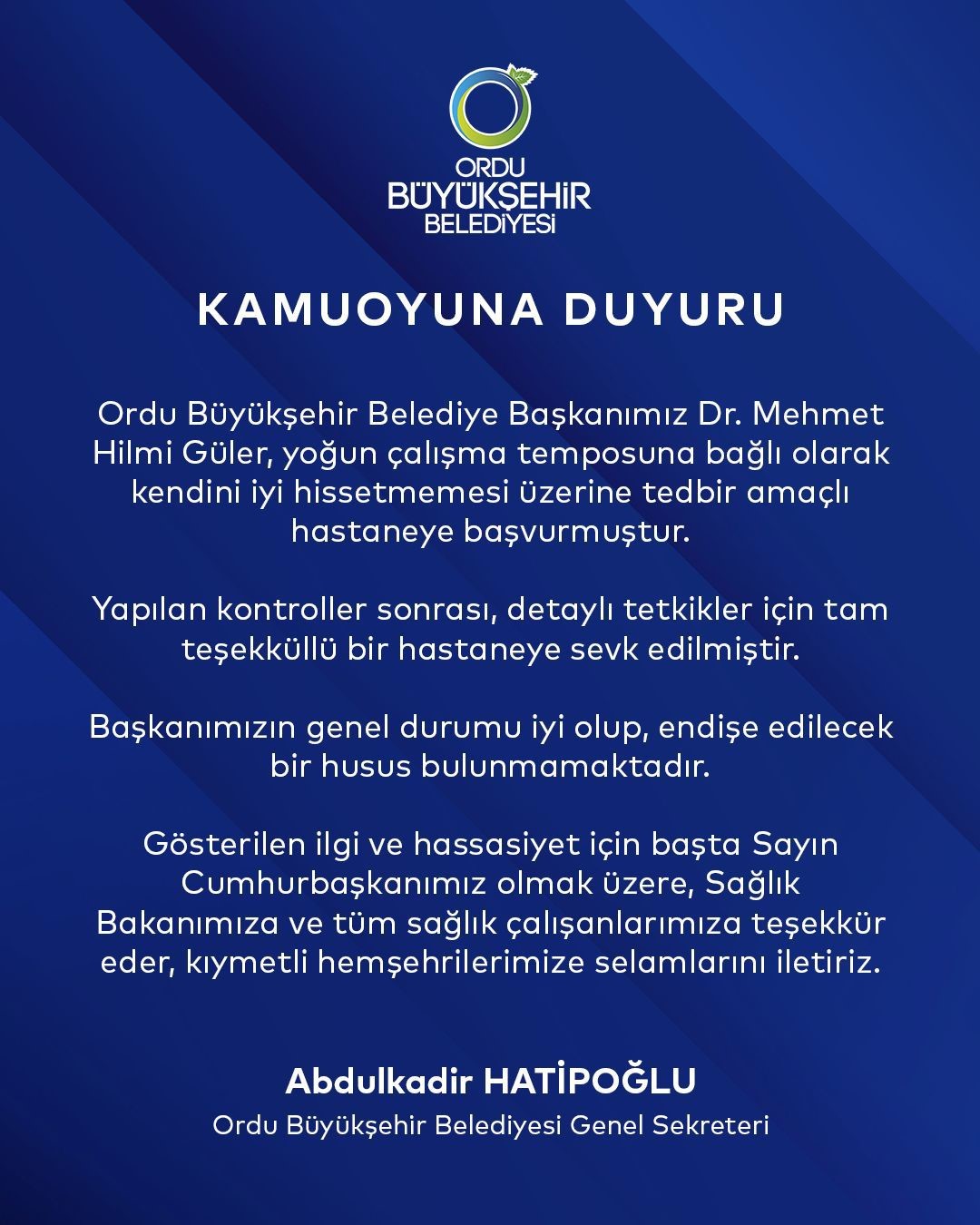 Ordu Büyükşehir Belediye Başkanı Güler hastaneye kaldırıldı
