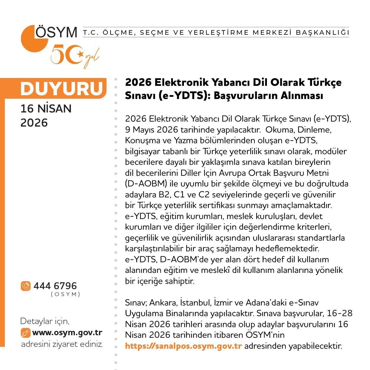 ÖSYM’den Türkiye’de bir ilk: e-YDTS başvuruları açıldı
ÖSYM’den Türkiye’de bir ilk: e-YDTS başvuruları açıldı