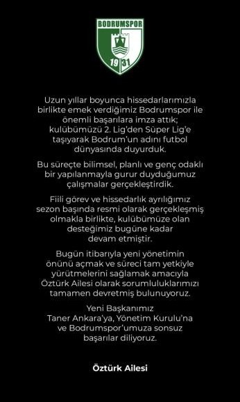 Öztürk Ailesi, Bodrum FK’daki sorumluluklarını devrettiklerini açıkladı
