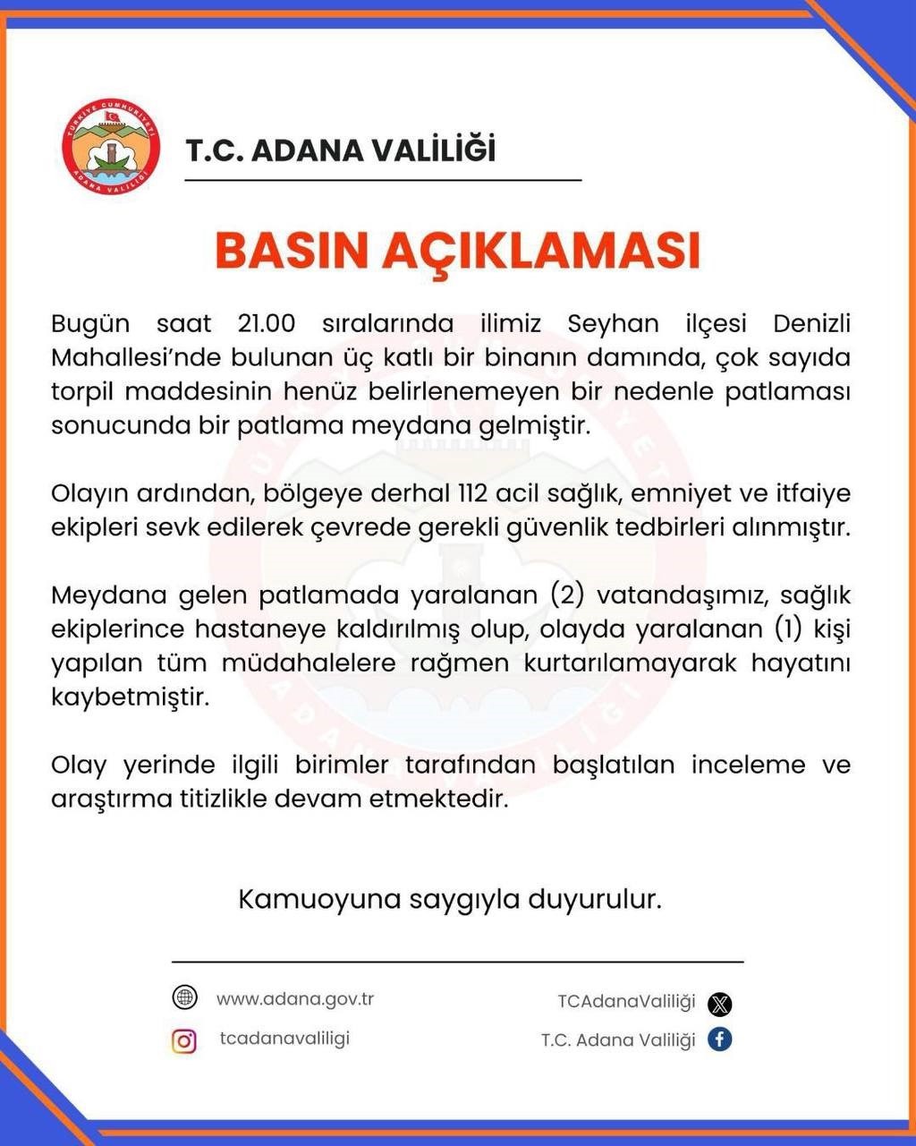 Patlamaya ilişkin Adana Valiliği’nden açıklama
