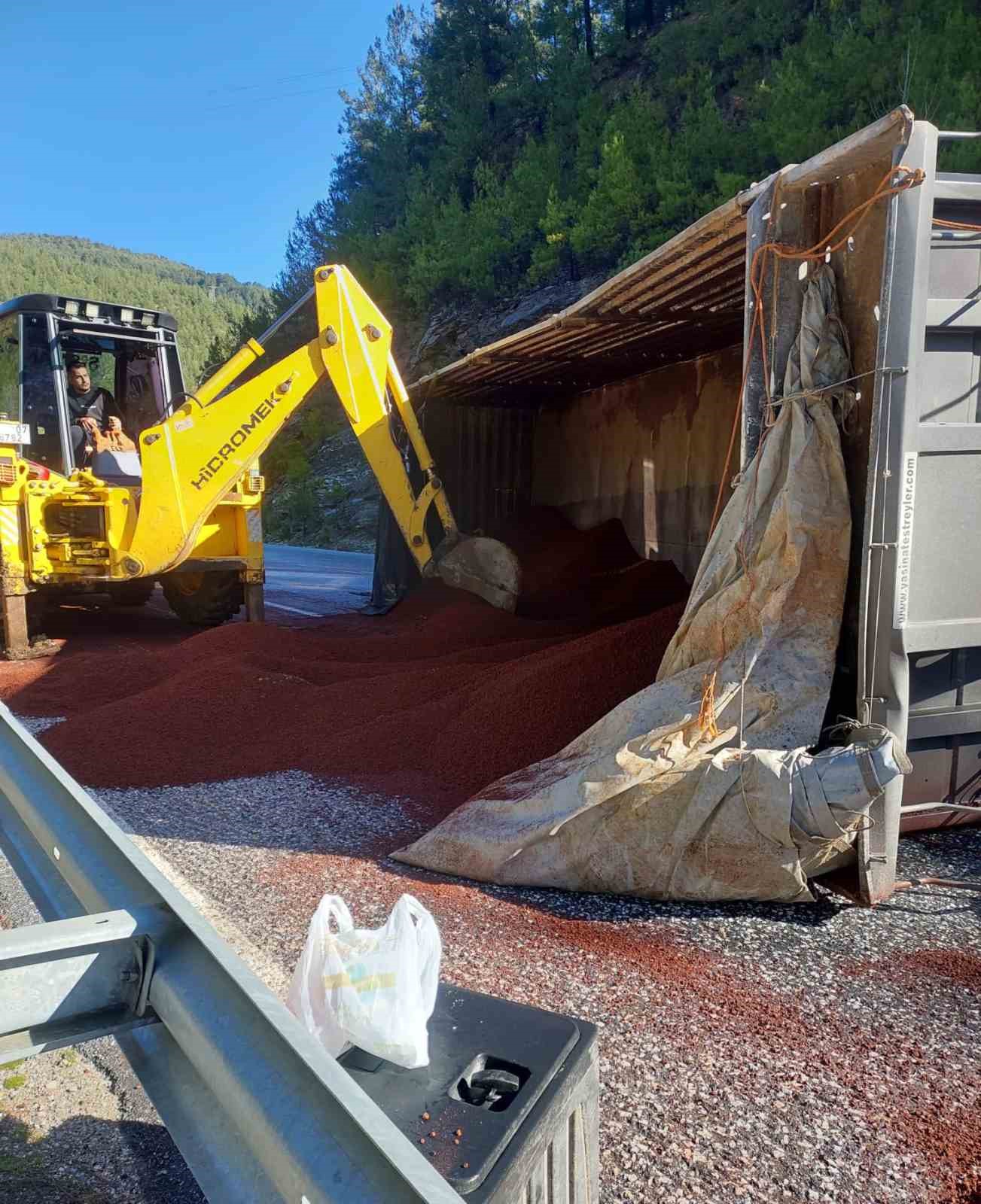 Peyzaj malzemesi yüklü tır devrildi
