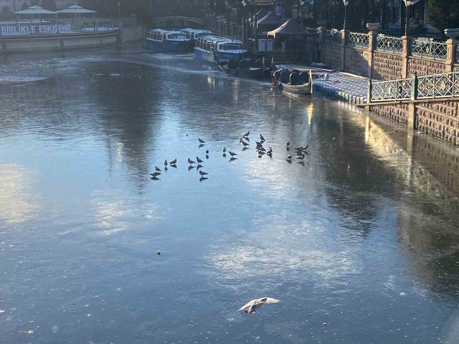 Porsuk Çayı’nın buz tutan yüzeyi çöple kaplanmaya başladı
