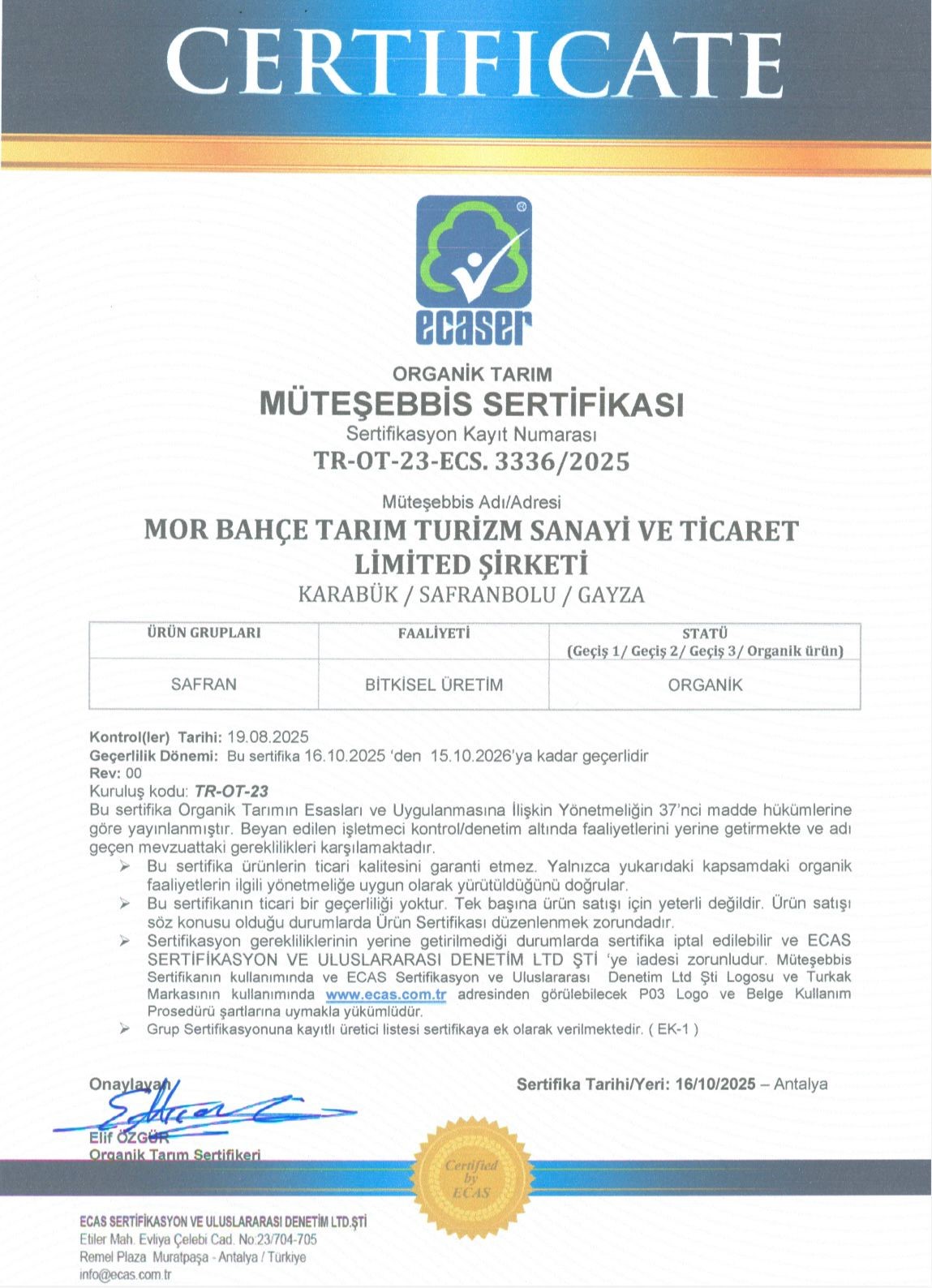 Safranova’ya organik tarım sertifikası
Safranova’ya organik tarım sertifikası