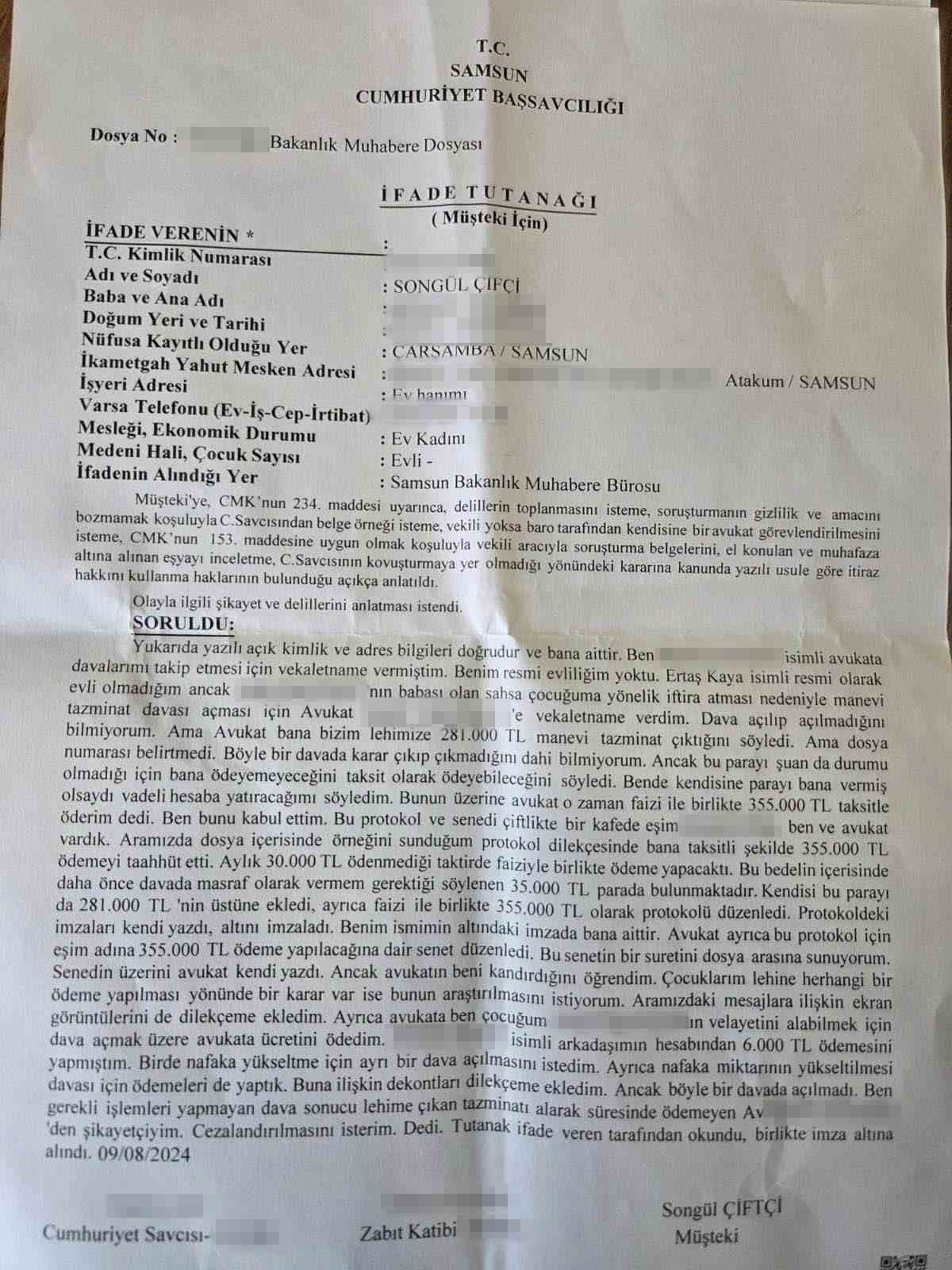 Samsun’da avukatı tarafından "tazminat" vaadiyle dolandırıldığını iddia eden kadın suç duyurusunda bulundu
Samsun’da avukatı tarafından "tazminat" vaadiyle dolandırıldığını iddia eden kadın suç duyurusunda bulundu