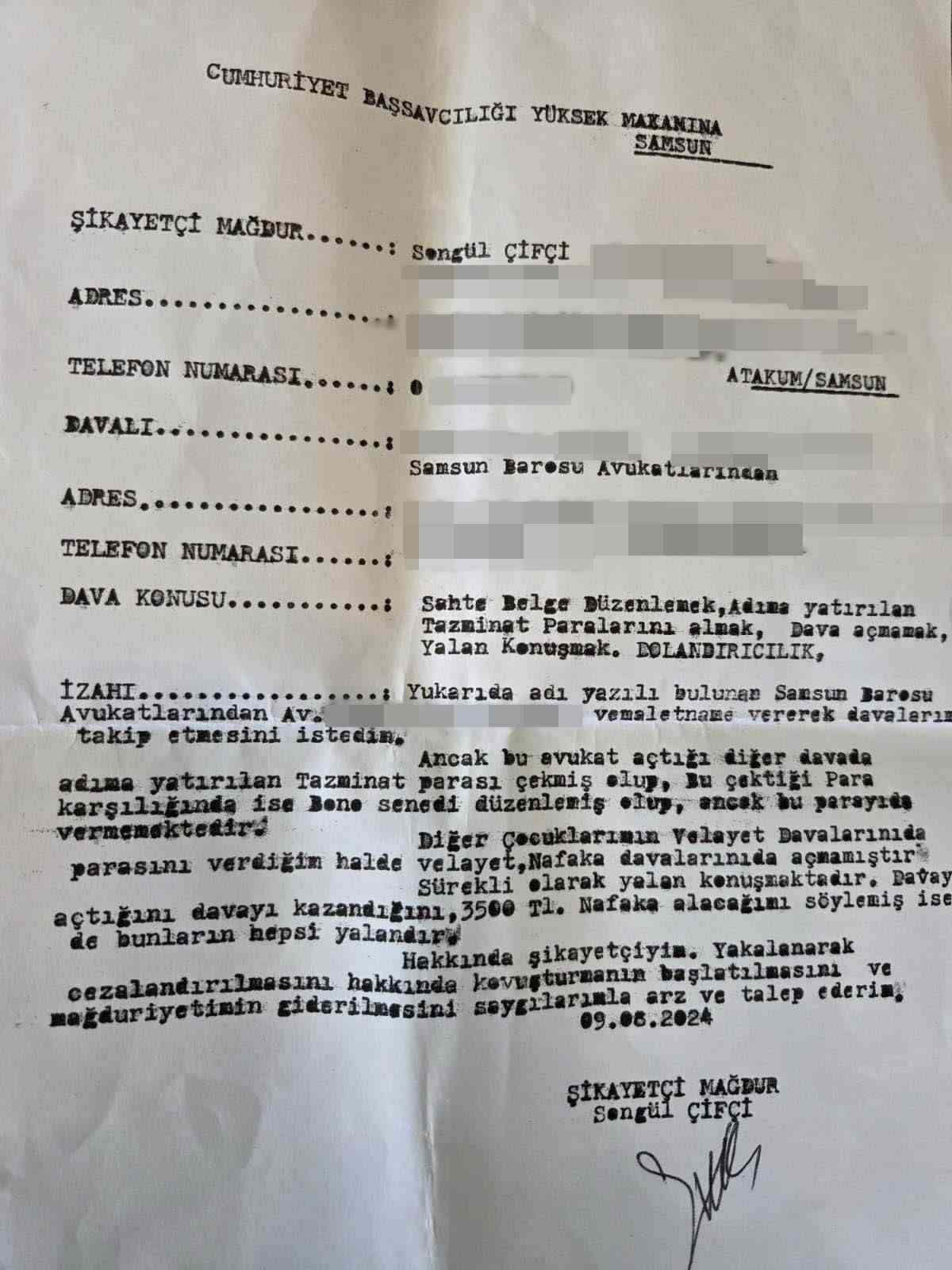 Samsun’da avukatı tarafından "tazminat" vaadiyle dolandırıldığını iddia eden kadın suç duyurusunda bulundu
Samsun’da avukatı tarafından "tazminat" vaadiyle dolandırıldığını iddia eden kadın suç duyurusunda bulundu
