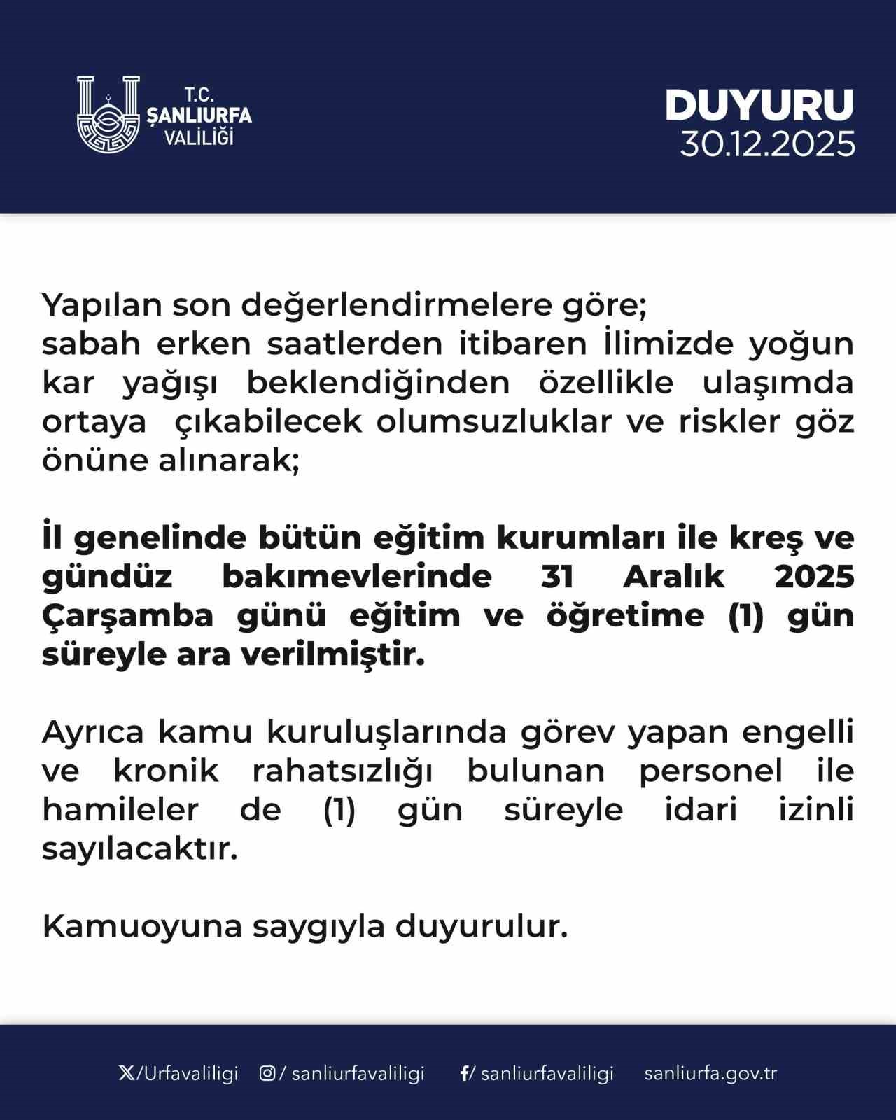 Şanlıurfa’da okullar yarın tatil
