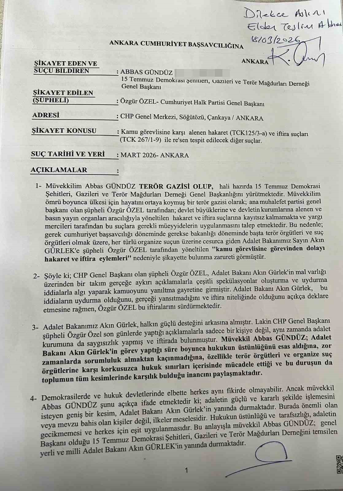 Şehit yakınları ve gazilerden CHP Genel Başkanı Özel hakkında suç duyurusu
