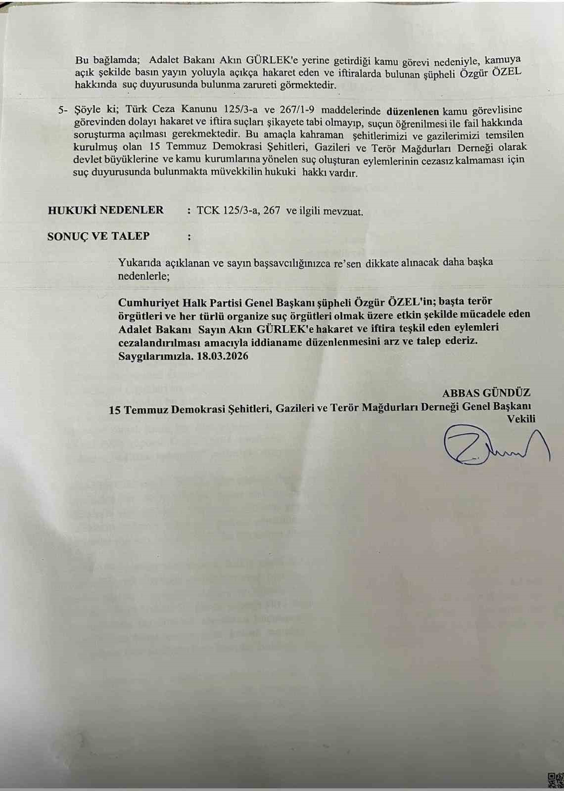 Şehit yakınları ve gazilerden CHP Genel Başkanı Özel hakkında suç duyurusu
