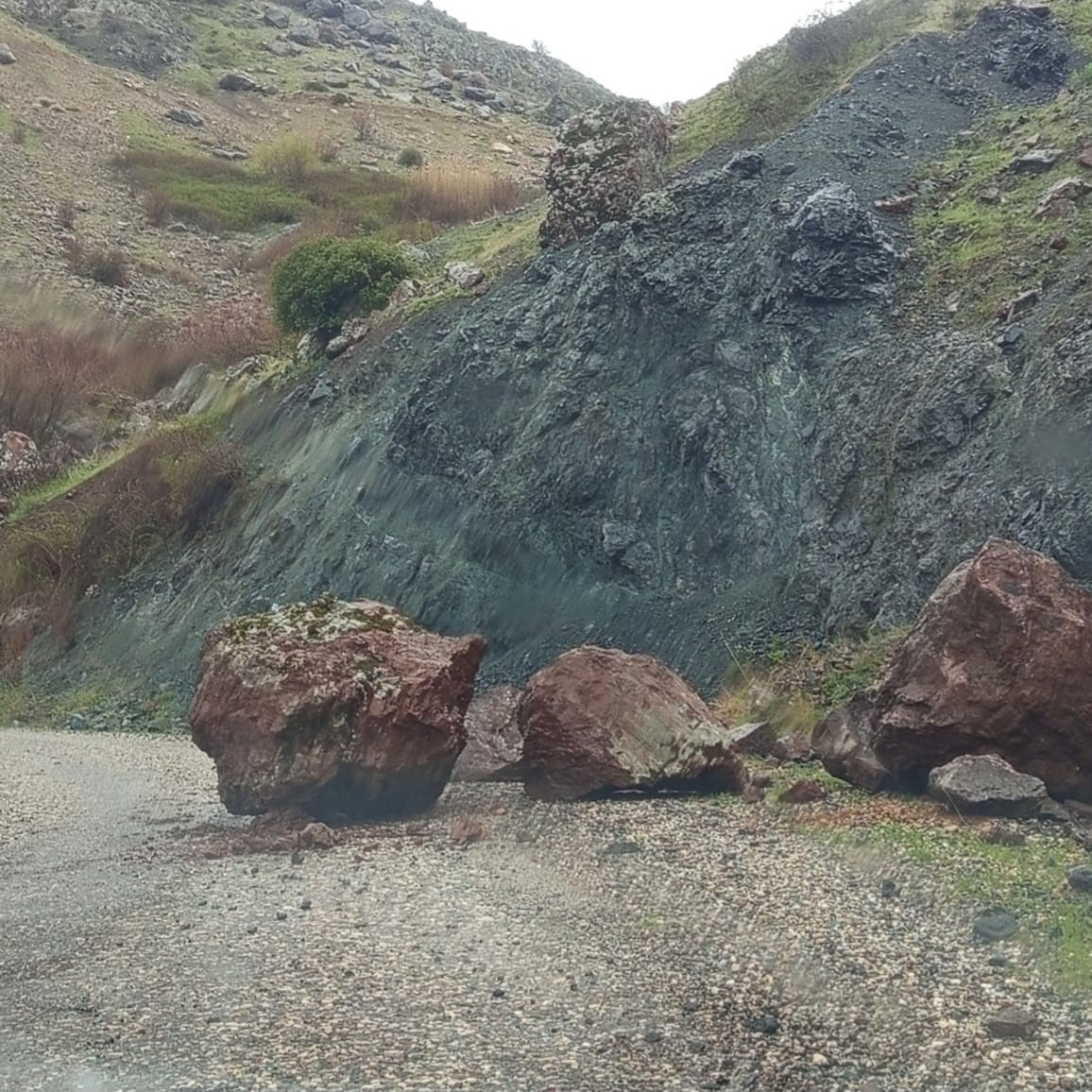 Sincik’te kuvvetli yağış sonrası köy yoluna kaya düştü
