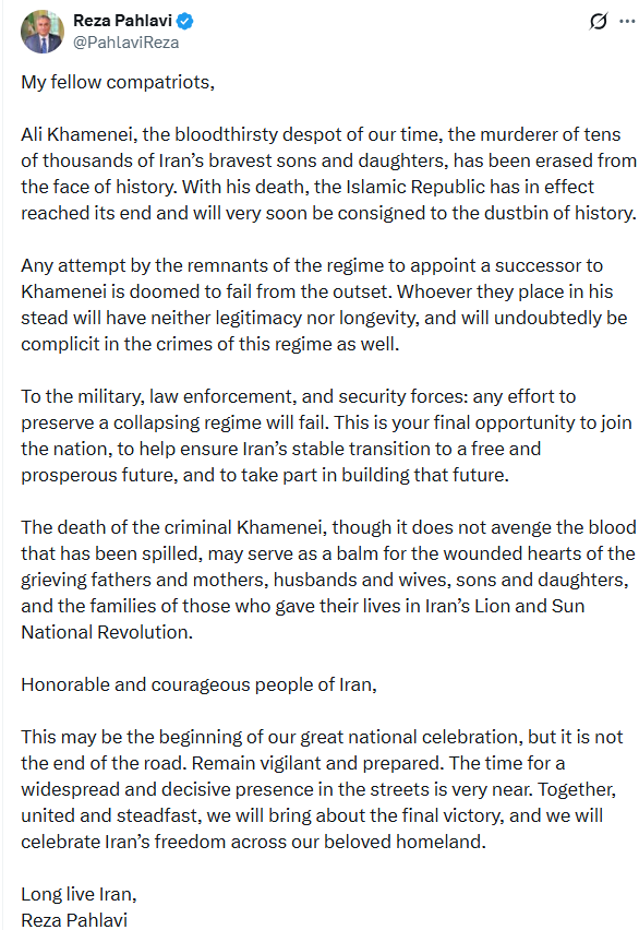 Sürgündeki Rıza Pehlevi: "Hamaney’in ölümüyle, İran rejimi fiilen sona erdi"
