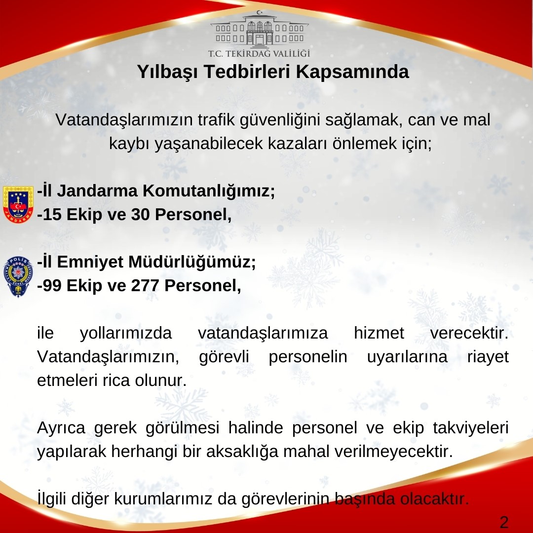 Tekirdağ’da yılbaşı tedbirleri: 2 bin 816 personel görev başında olacak
