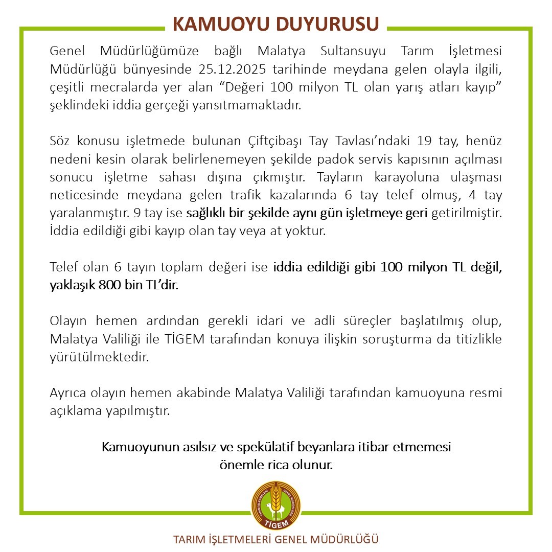 TİGEM’den ’değeri 100 milyon lira olan yarış atları kayıp’ iddialarına yalanlama
