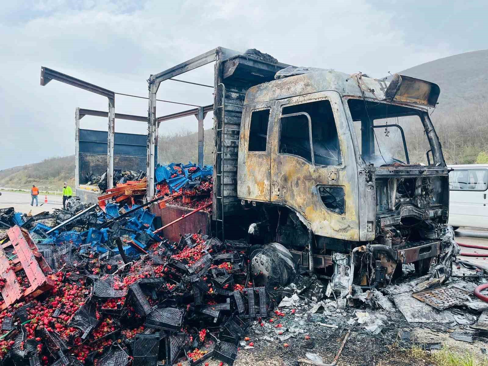 Tokat’ta çilek yüklü kamyon yandı
