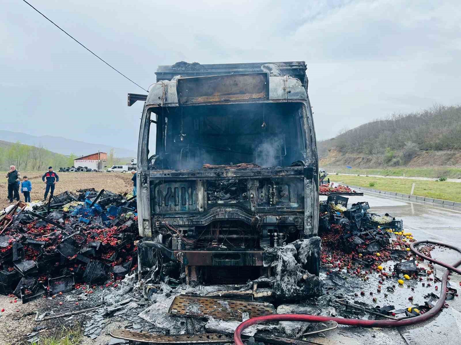Tokat’ta çilek yüklü kamyon yandı
