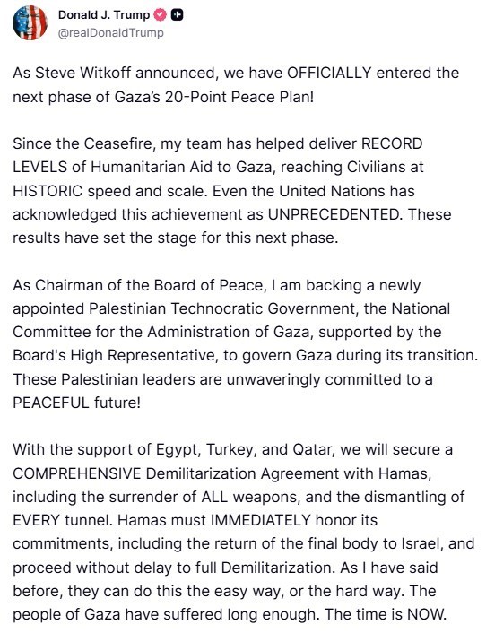 Trump: "Gazze Barış Kurulu oluşturuldu, barış planında sonraki aşamaya geçildi"
