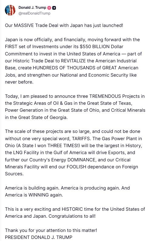 Trump, Japonya’nın 550 milyar dolarlık yatırım taahhüdü kapsamındaki ilk projeleri duyurdu
