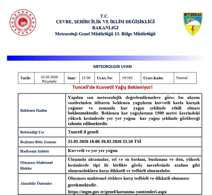 Tunceli için ‘Kuvvetli Yağış’ uyarısı
