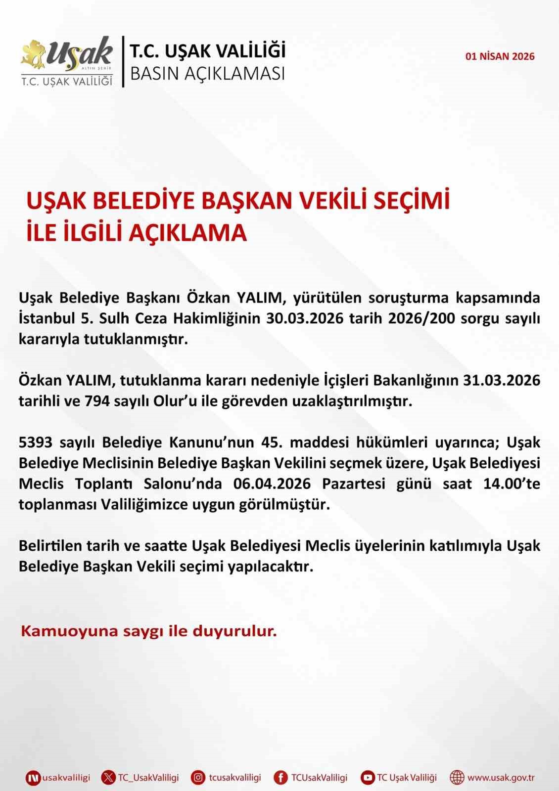 Uşak Belediye Başkan Vekili seçimi ile ilgili açıklama
