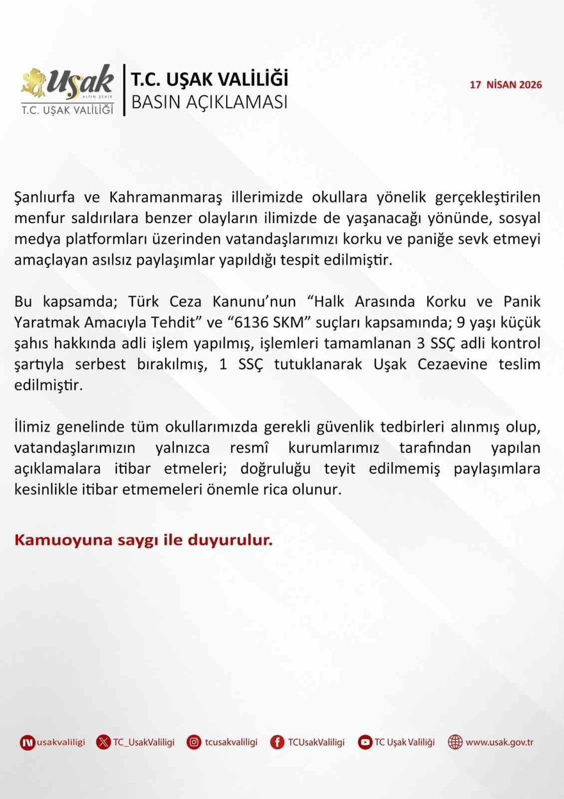 Uşak’ta asılsız paylaşımlara yönelik 1 şüpheli tutuklandı
