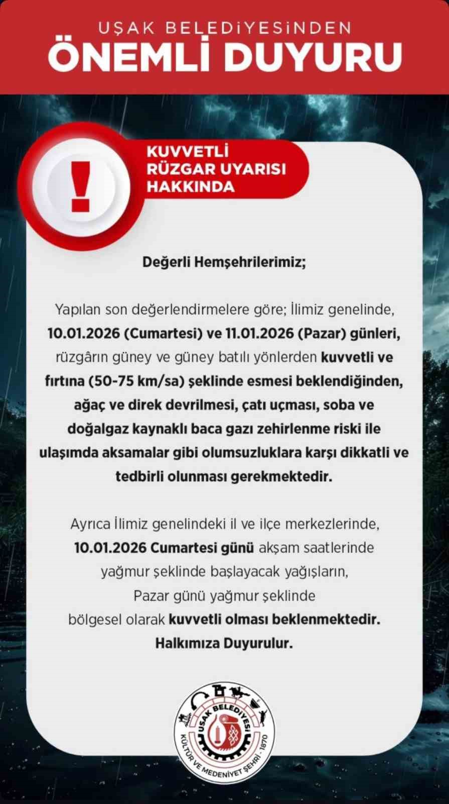 Uşak’ta kuvvetli rüzgar ve fırtına uyarısı
