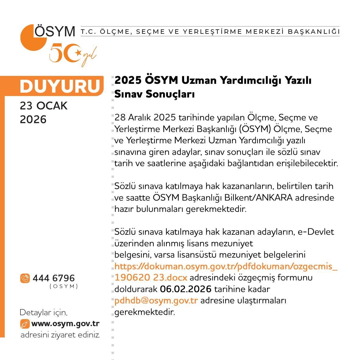 Uzman Yardımcılığı Sınavı sonuçları açıklandı
Uzman Yardımcılığı Sınavı sonuçları açıklandı