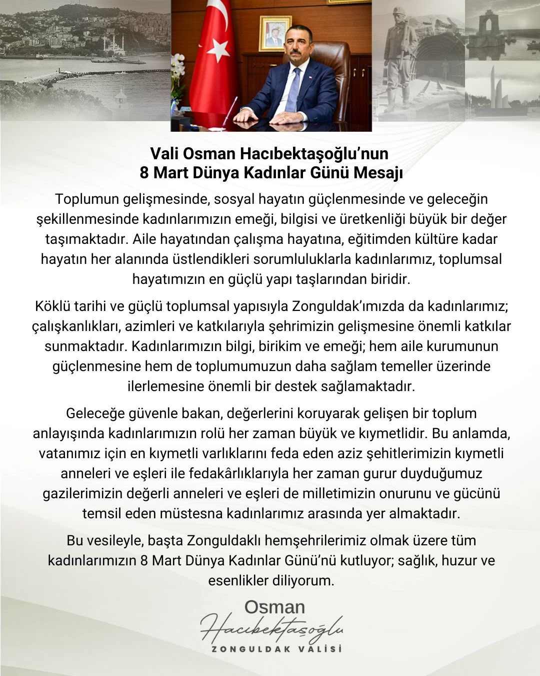 Vali Osman Hacıbektaşoğlu’ndan 8 Mart mesajı: "Kadınlarımız toplumsal hayatın en güçlü yapı taşlarıdır"
