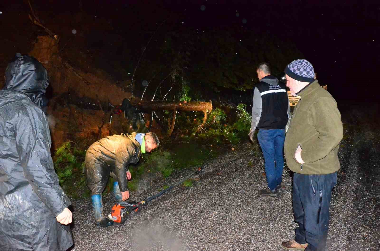 Yağış ağaçları devirdi, yol kısa sürede açıldı
