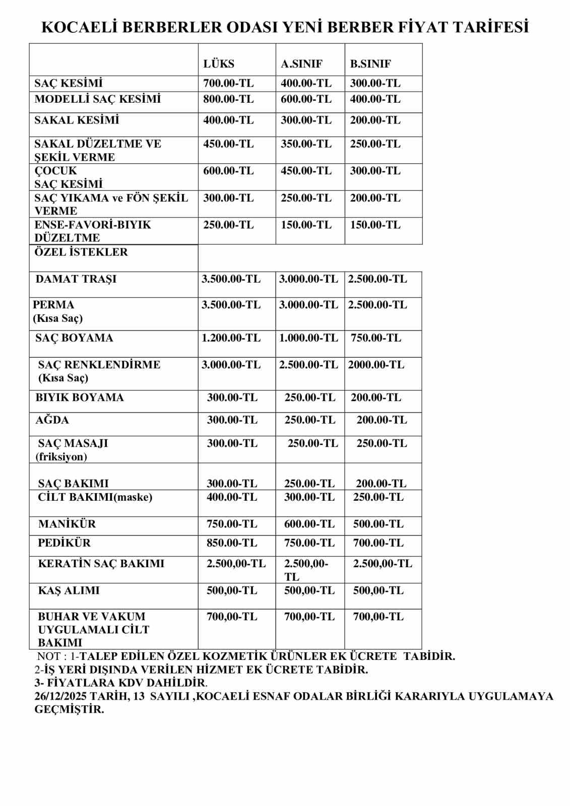 Yeni yılla birlikte berber fiyat tarifeleri belli oldu
