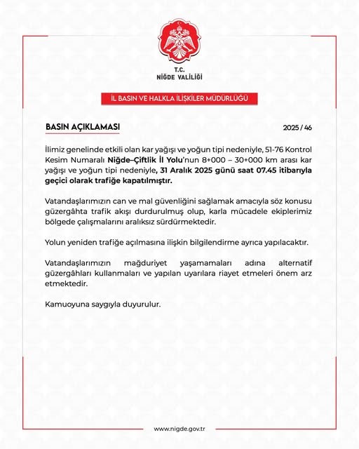 Yoğun kar ve tipi Niğde-Çiftlik yolunu trafiğe kapattı
