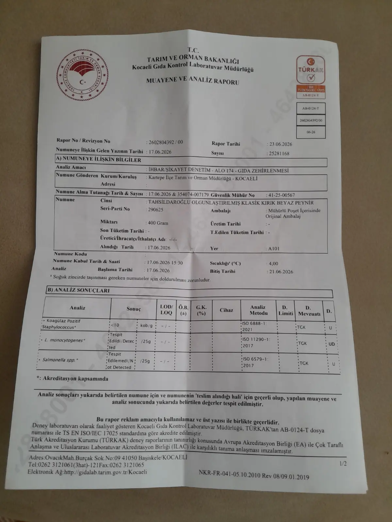 Tahsildaroğlu Beyaz Peynirinde Listeria Tespit Edildi Tahsildaroğlu Beyaz Peynirinde Listeria Tespit Edildi