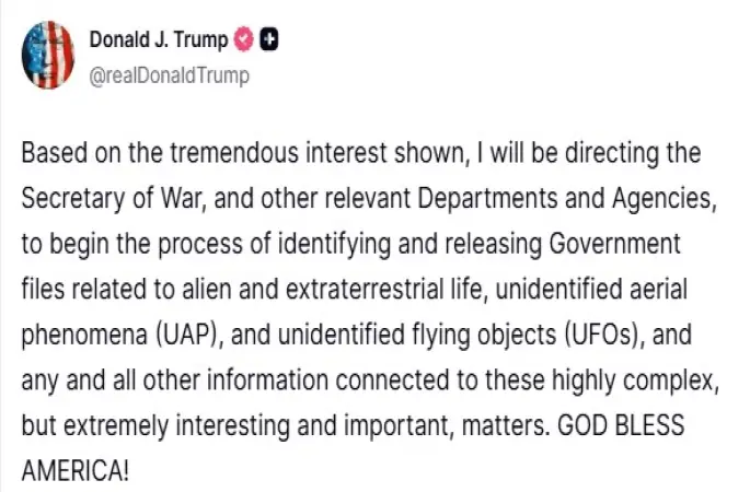 ABD Başkanı Trump’tan UFO hamlesi: "İlgili belgelerin erişime açılma sürecini başlatma talimatı vereceğim"
