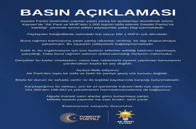 AK Parti Kayseri İl Başkanlığı: "AK Parti’den toplu bir istifa ve farklı bir partiye geçiş söz konusu değildir"

