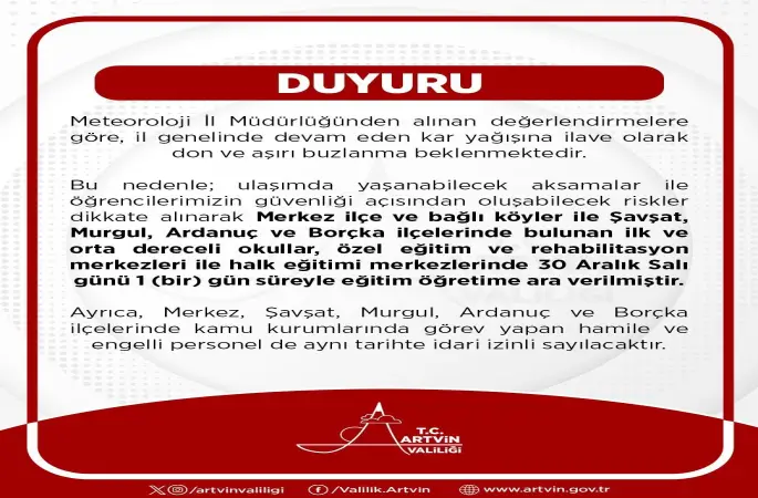 Artvin merkez ve 4 ilçede kar nedeniyle eğitime 1 gün ara verildi