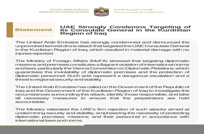 BAE, Irak Kürt Bölgesel Yönetimi’ndeki başkonsolosluğuna İHA saldırısı yapıldığını açıkladı: "Kınıyoruz"
