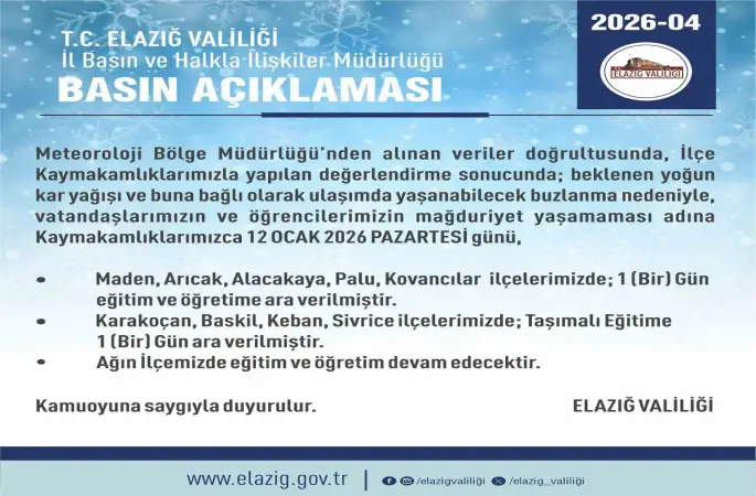 Elazığ’da 5 ilçede eğitim-öğretime ara verildi
