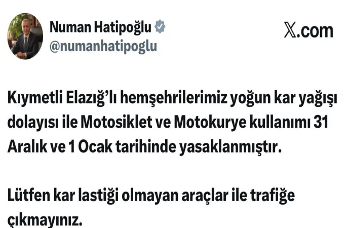 Elazığ’da motosiklet ve motokurye kullanımı yasaklandı
