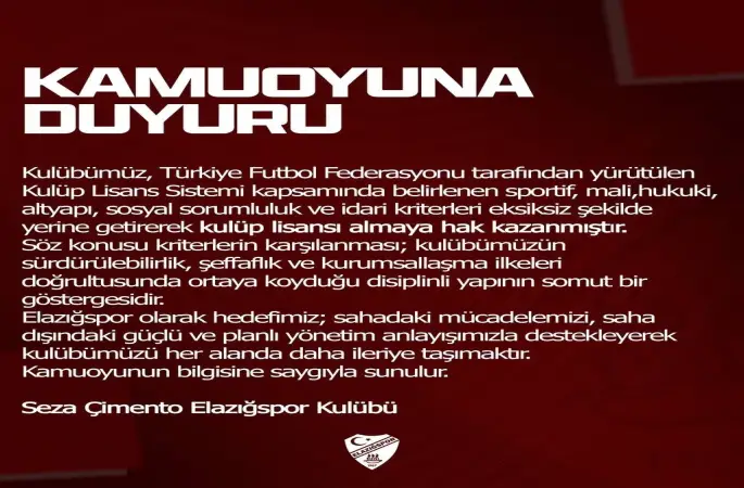 Elazığspor, kulüp lisansı almaya hak kazandı
