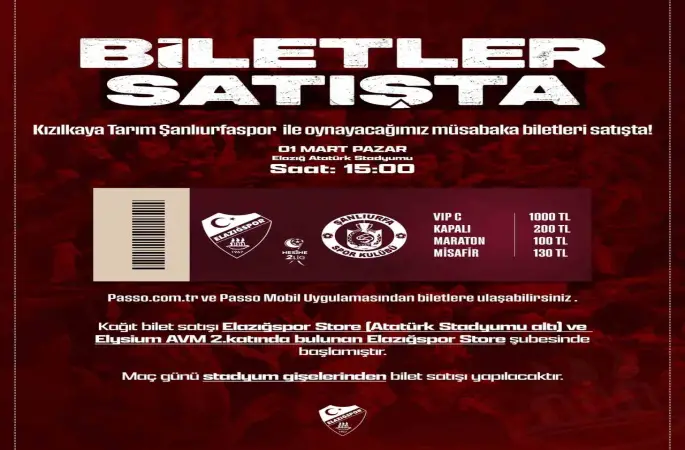 Elazığspor - Şanlıurfaspor maç biletleri satışta
