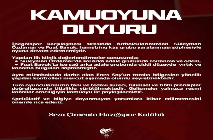 Elazığspor’dan sakat futbolculara ilişkin açıklama
