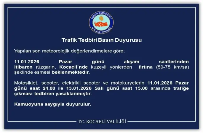 Kocaeli’de motosiklet, scooter ve motokuryelerin trafiğe çıkışı yasaklandı

