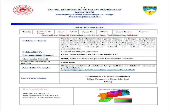Meteorolojiden  Bingöl ve Tunceli için zirai don uyarısı
