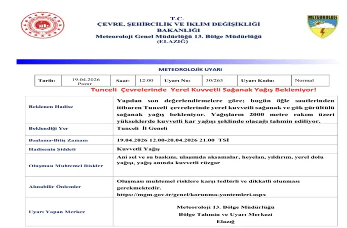 Meteorolojiden Tunceli için sağanak yağış uyarısı

