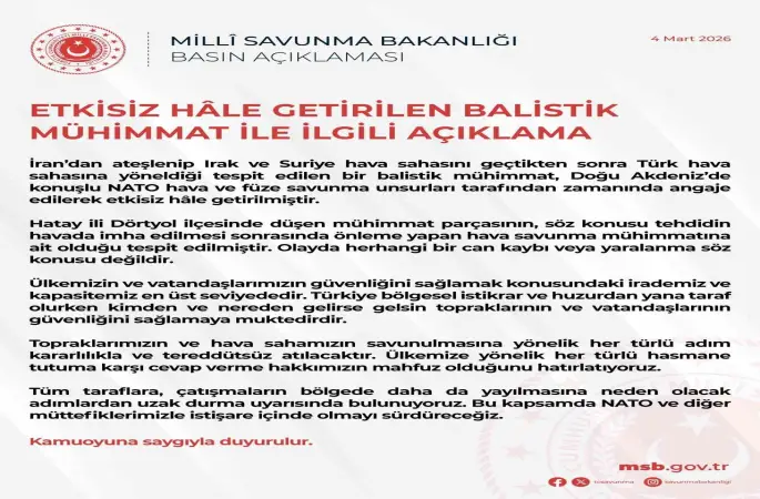 MSB: "Türk hava sahasına yönelen balistik mühimmat Doğu Akdeniz’de etkisiz hale getirildi"
